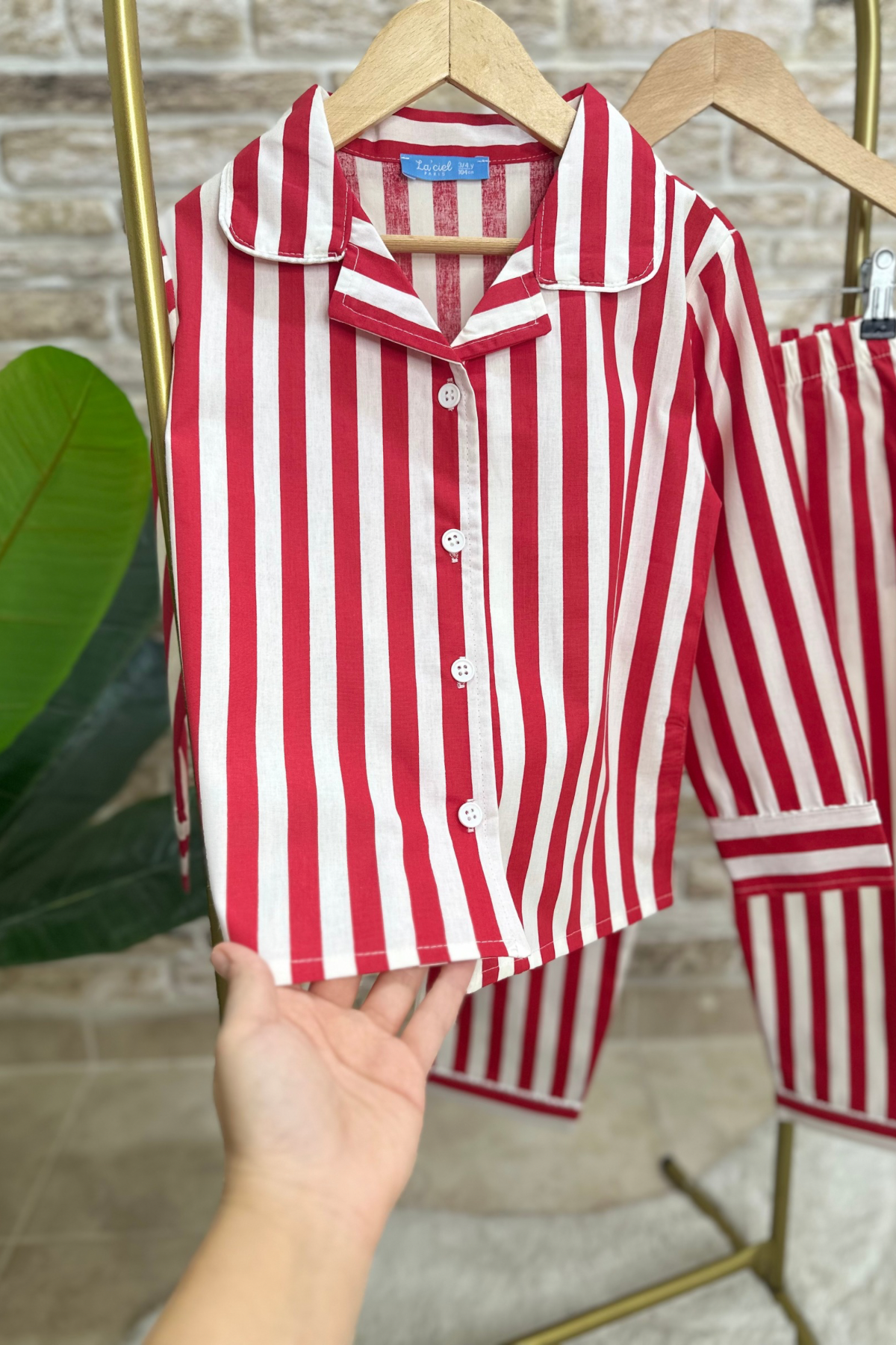 Unisex Kırmızı Çizgili Çantalı Pijama Takım