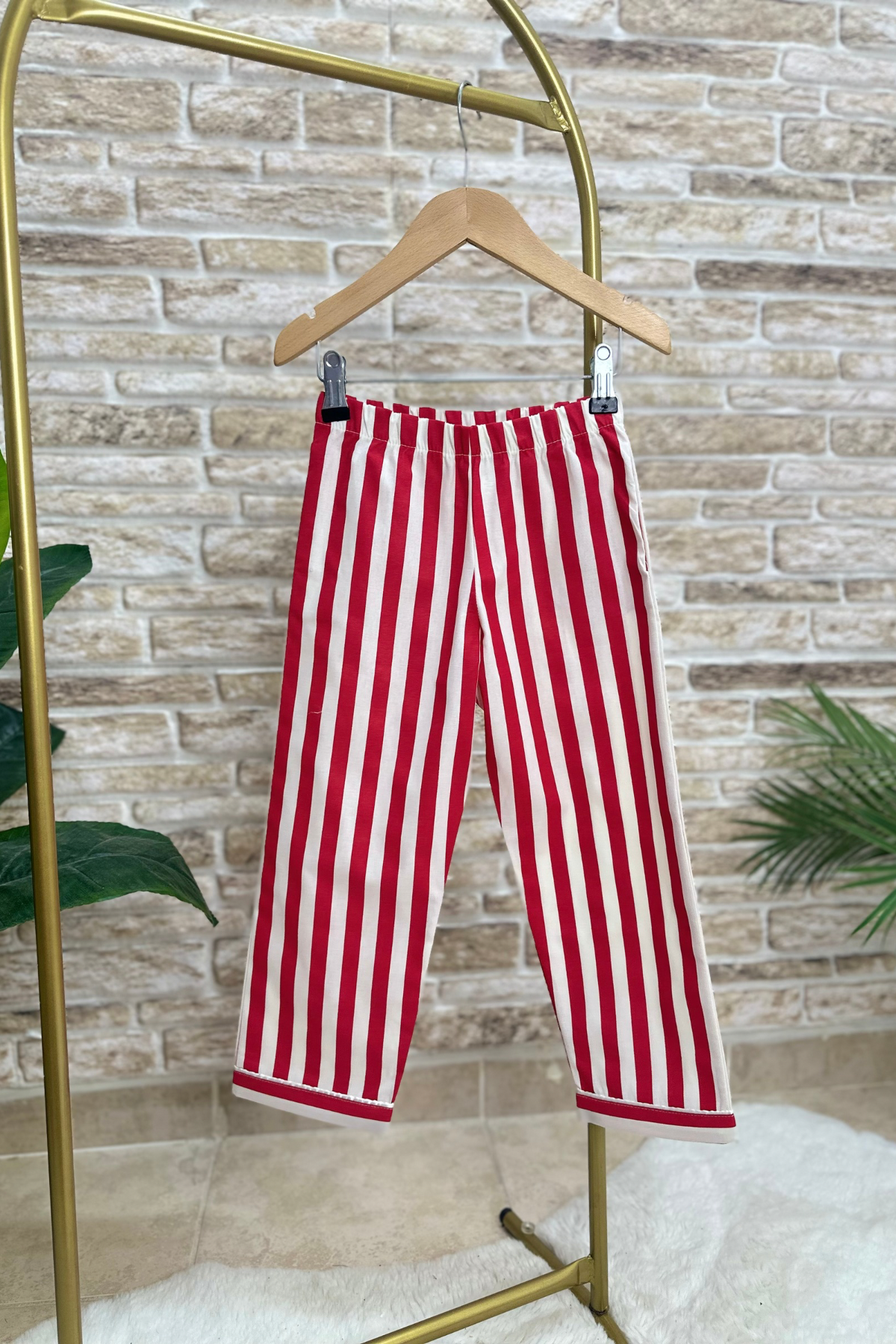 Unisex Kırmızı Çizgili Çantalı Pijama Takım