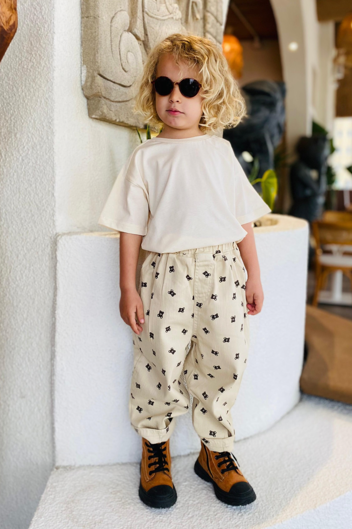 Unisex Krem Ayıcıklı Pantolon & Tshirt Takım