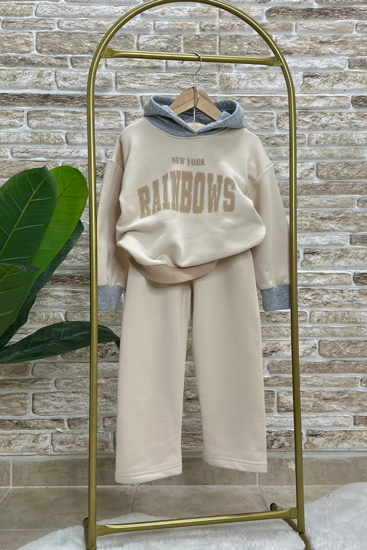 Unisex Krem Kapüşonlu İkili Takım