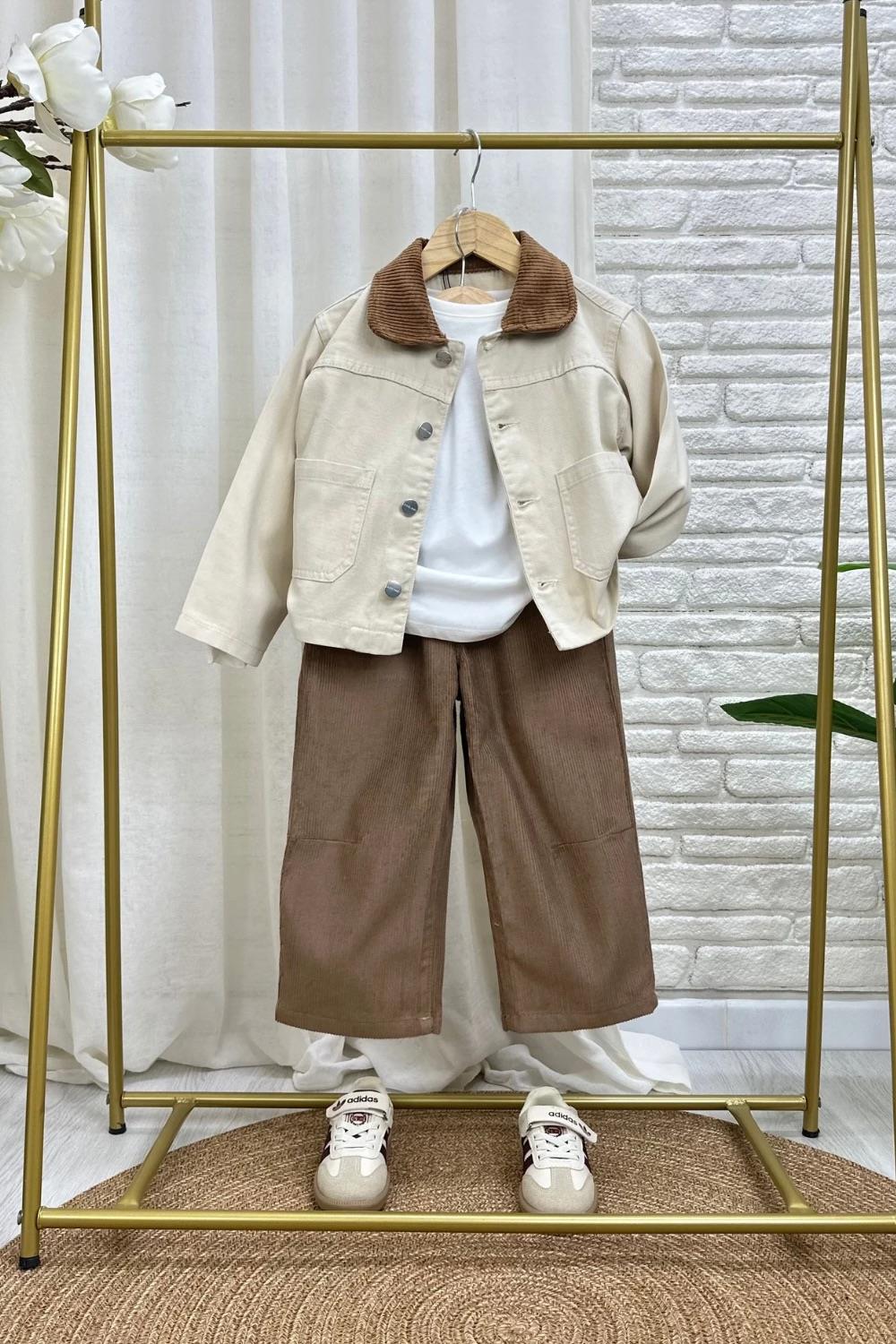 Unisex Laciel Kadife Yakalı Krem Kot Ceket
