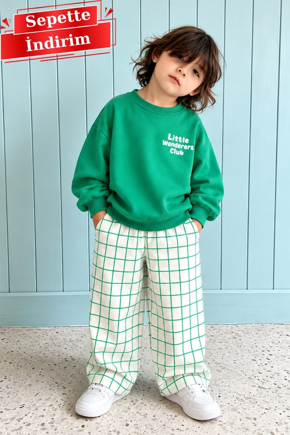 Unisex Little Club Yeşil Kareli Takım