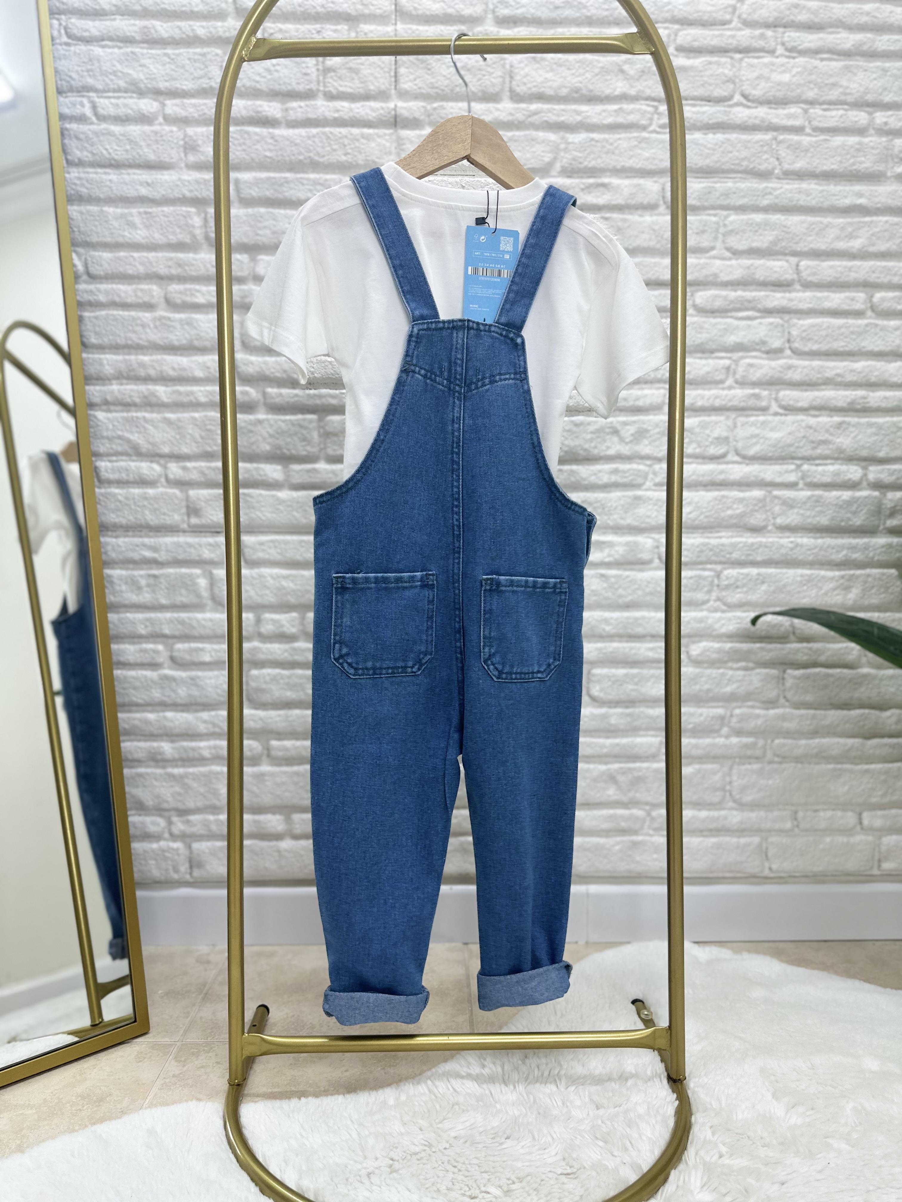 Unisex Mavi Tshirt Dahil Denim Salopet Takim