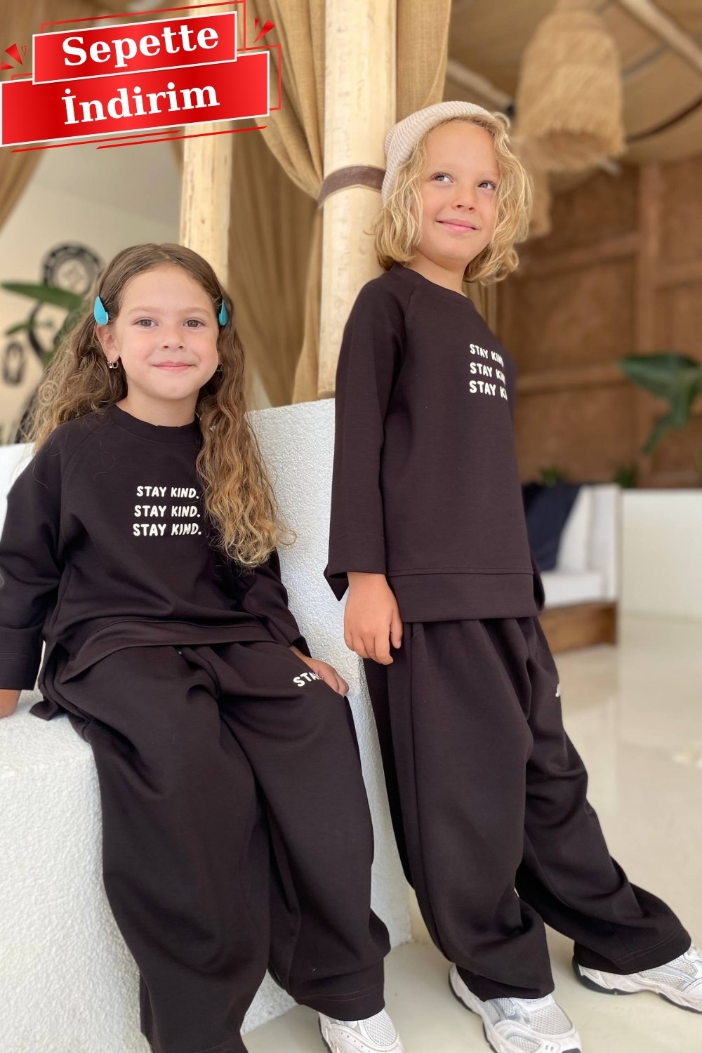 Unisex Mevsimlik Bisiklet Yaka Stay Kind Kahve Takım