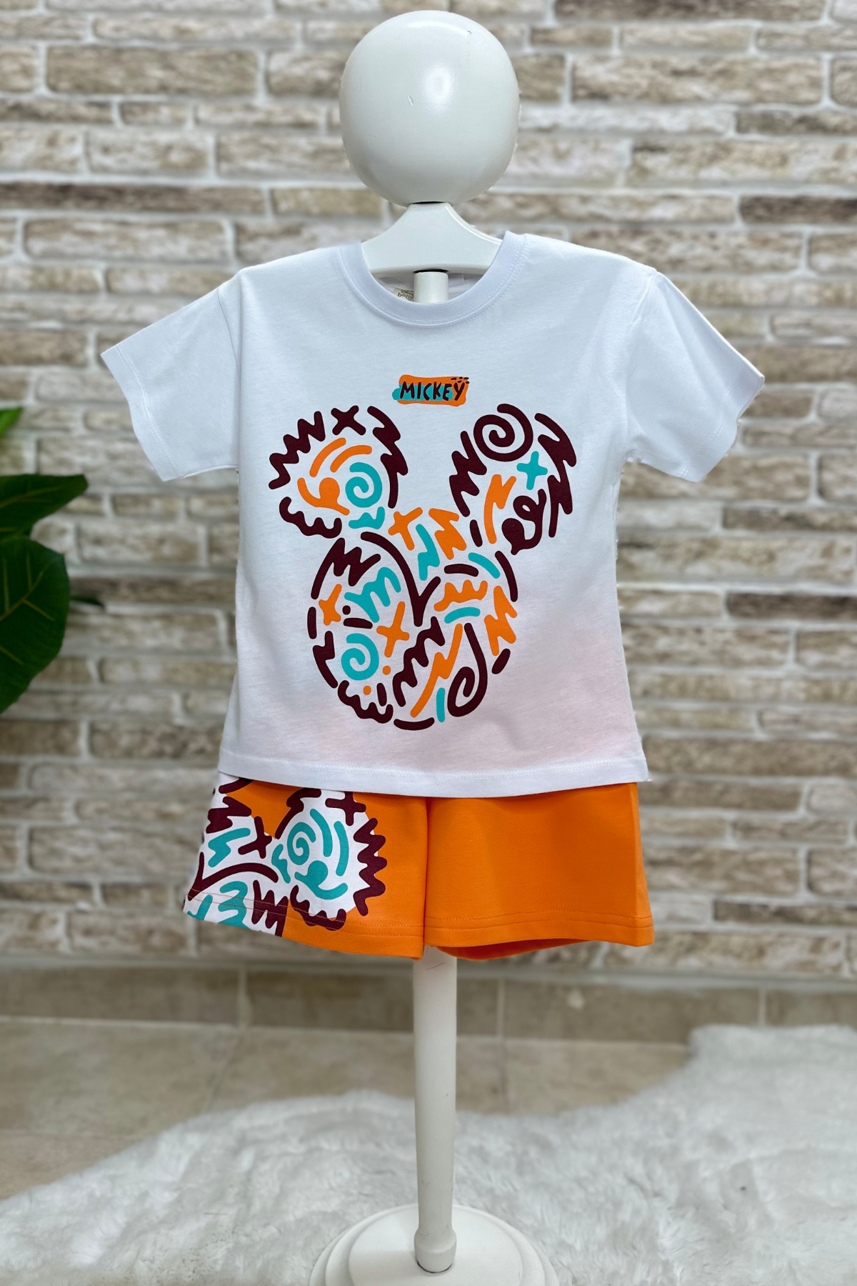 Unisex Mickey Oranj Şort Takım