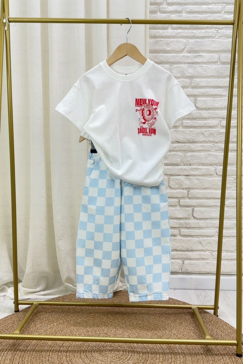 Unisex New York Damalı Jean Takım