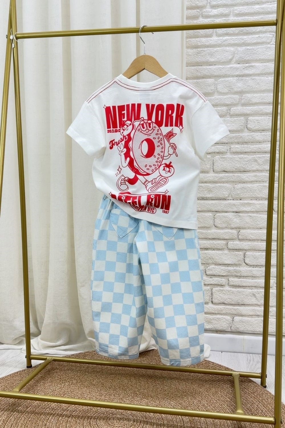 Unisex New York Damalı Jean Takım