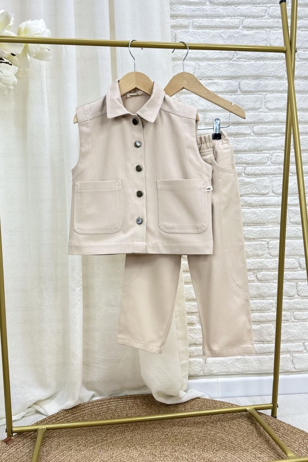 Unisex Özel Seri Yelek Jean Gabardin Bej Takım
