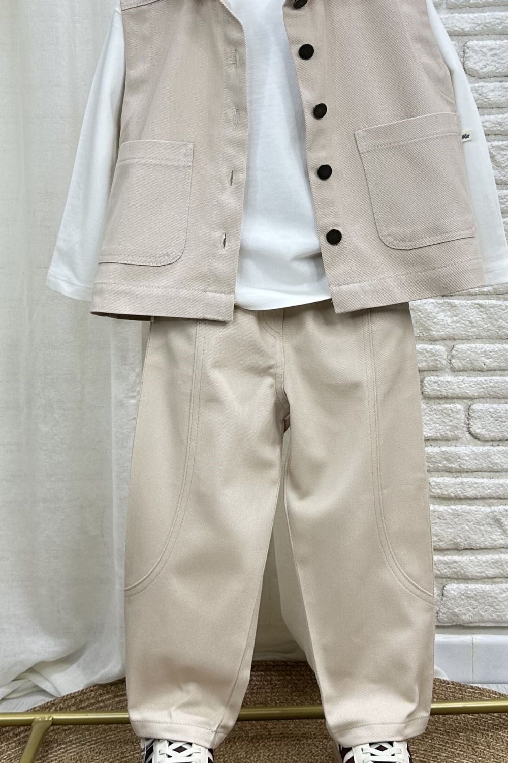 Unisex Özel Seri Yelek Jean Gabardin Bej Takım