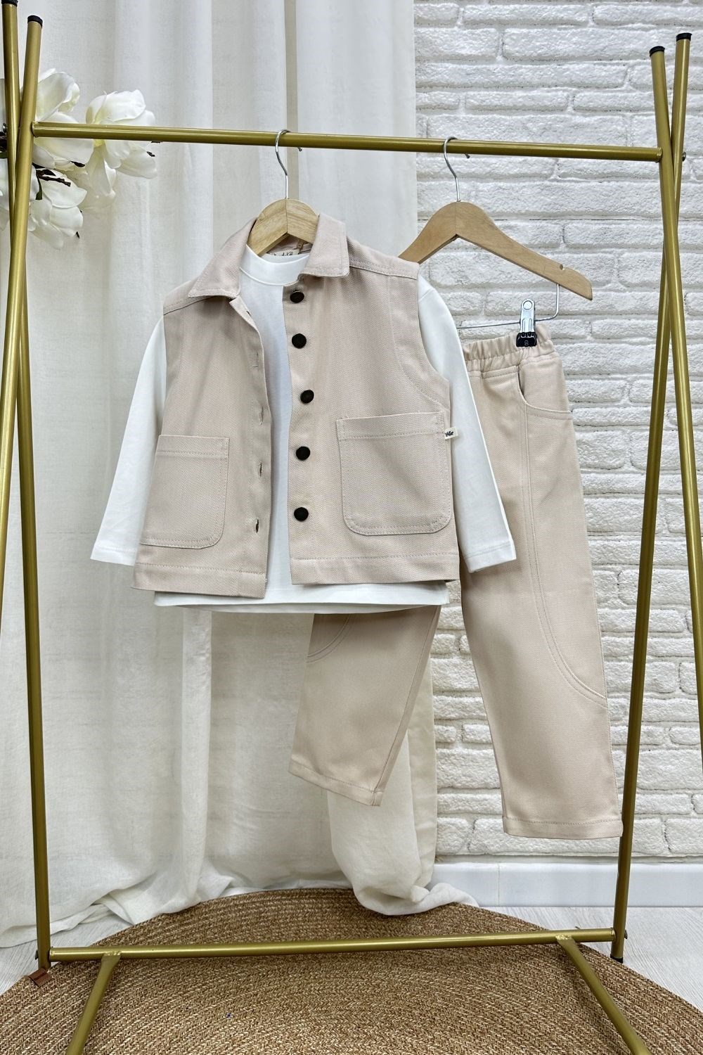 Unisex Özel Seri Yelek Jean Gabardin Bej Takım