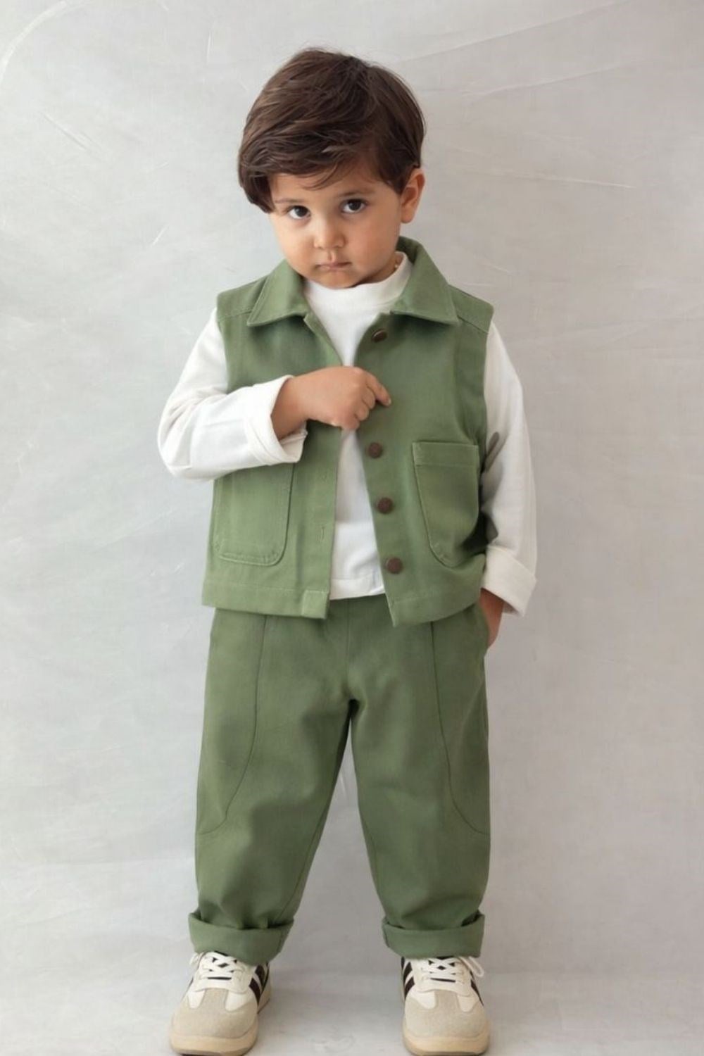 Unisex Özel Seri Yelek Jean Gabardin Haki Takım