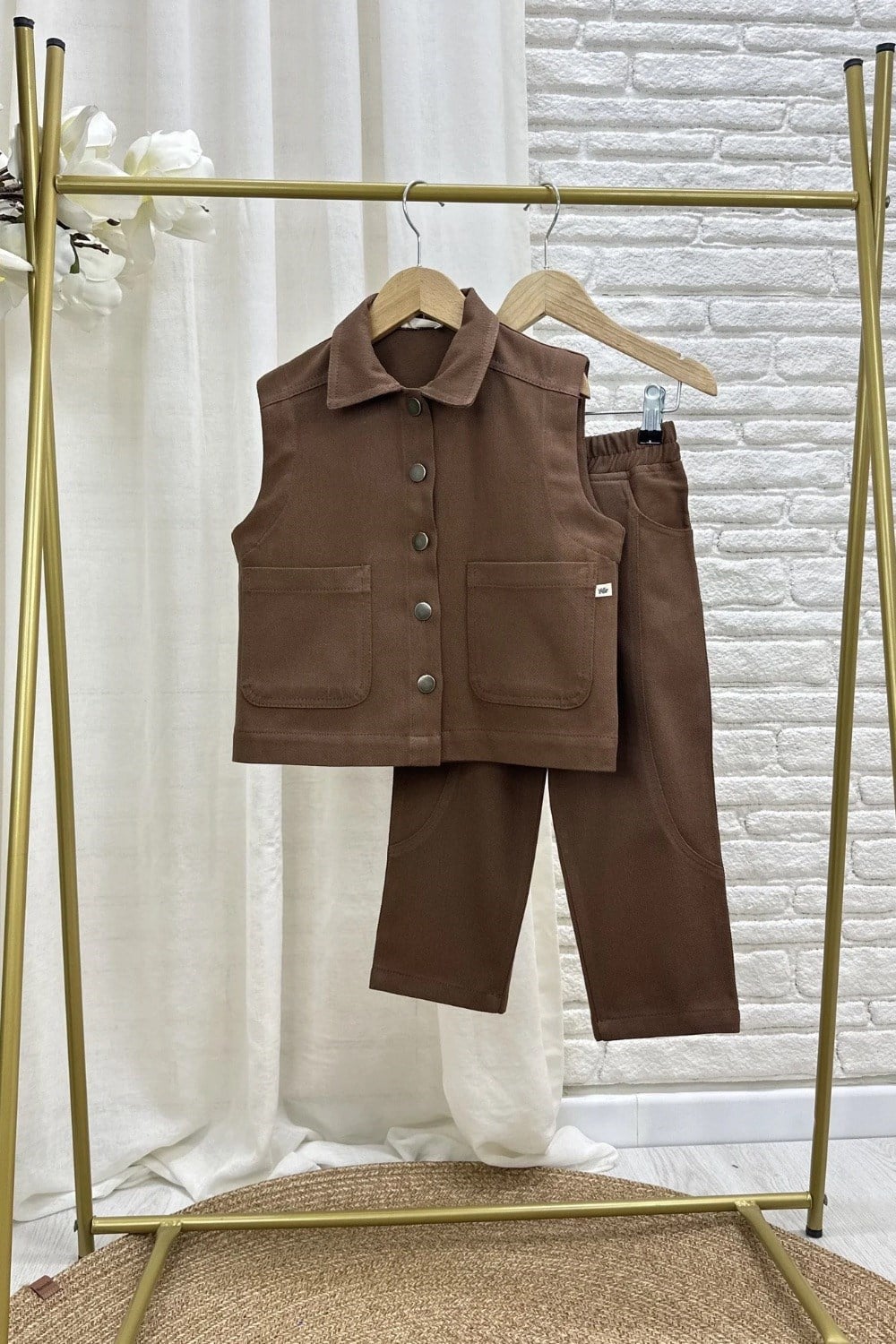 Unisex Özel Seri Yelek Jean Gabardin Kahve Takım