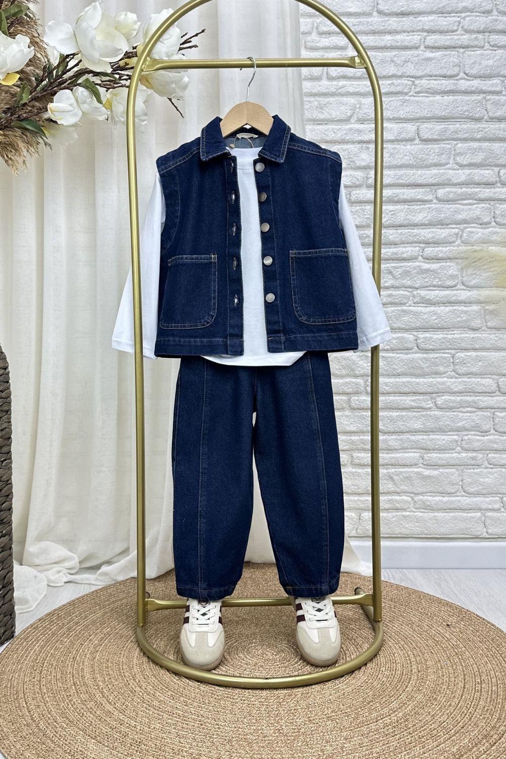 Unisex Özel Seri Yelekli Denim Takım
