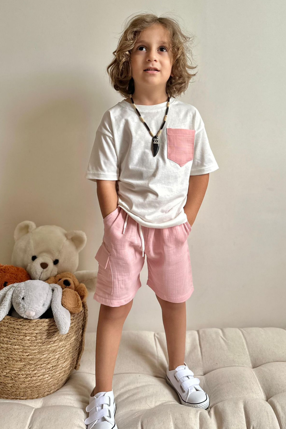 Unisex Pembe Müslin Şort Takım
