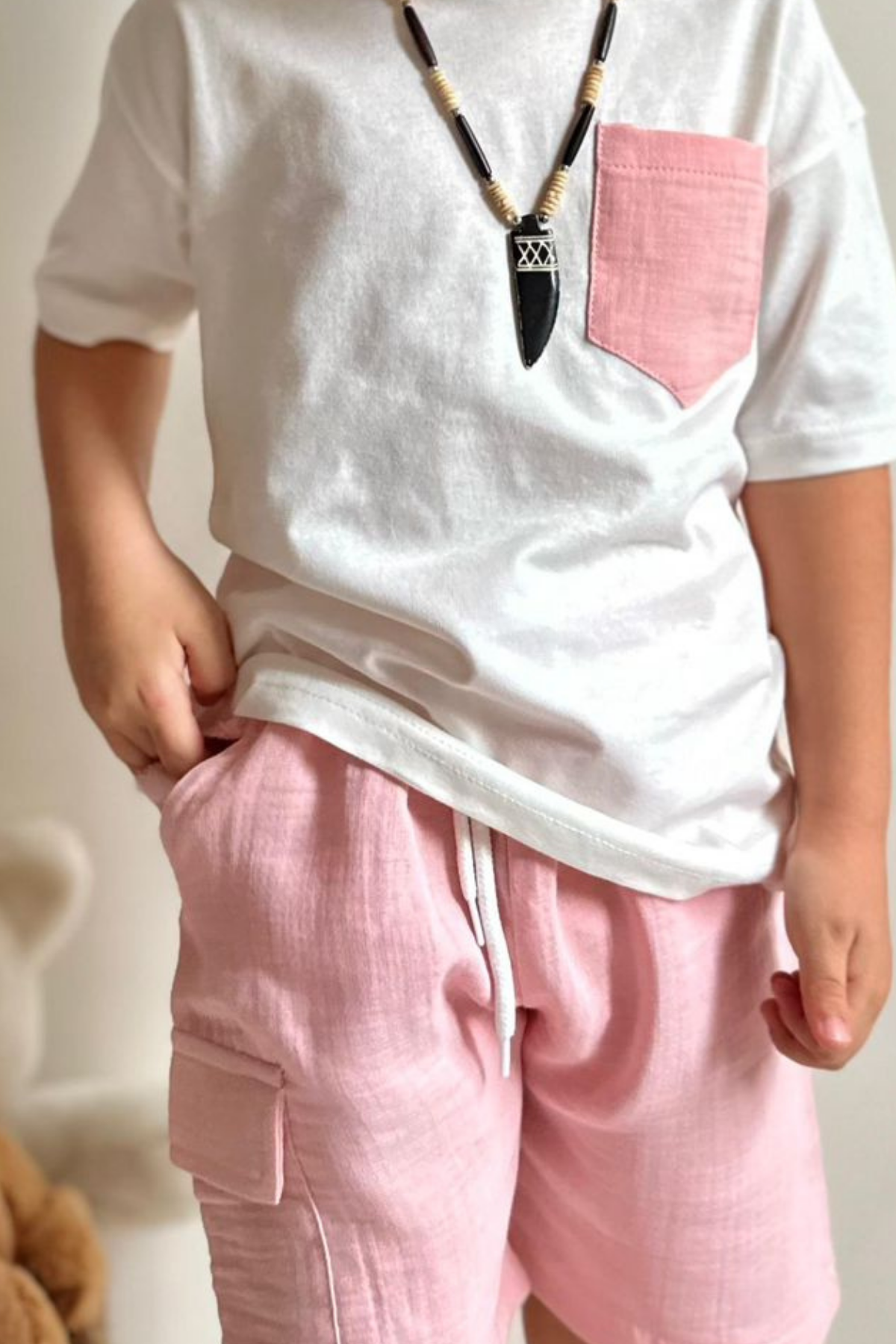 Unisex Pembe Müslin Şort Takım