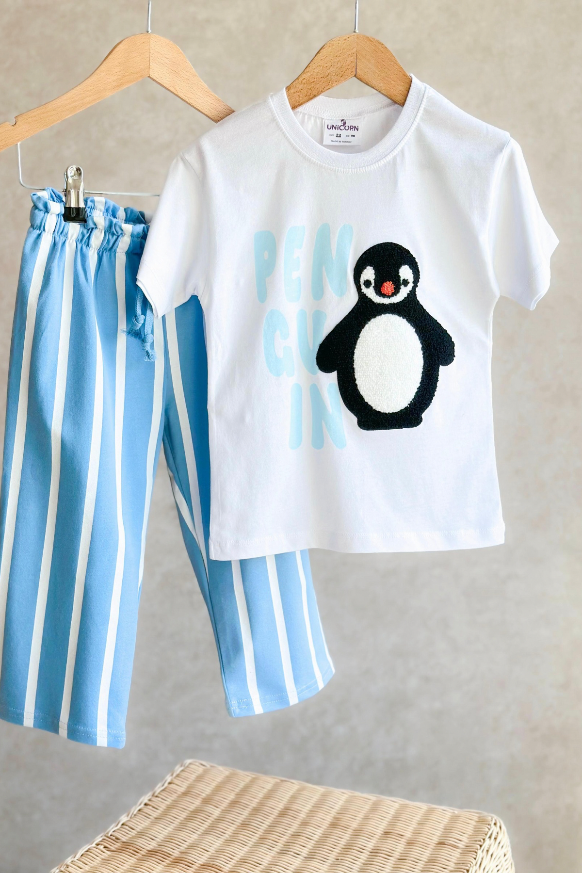 Unisex Penguenli Çizgili İkili Takım