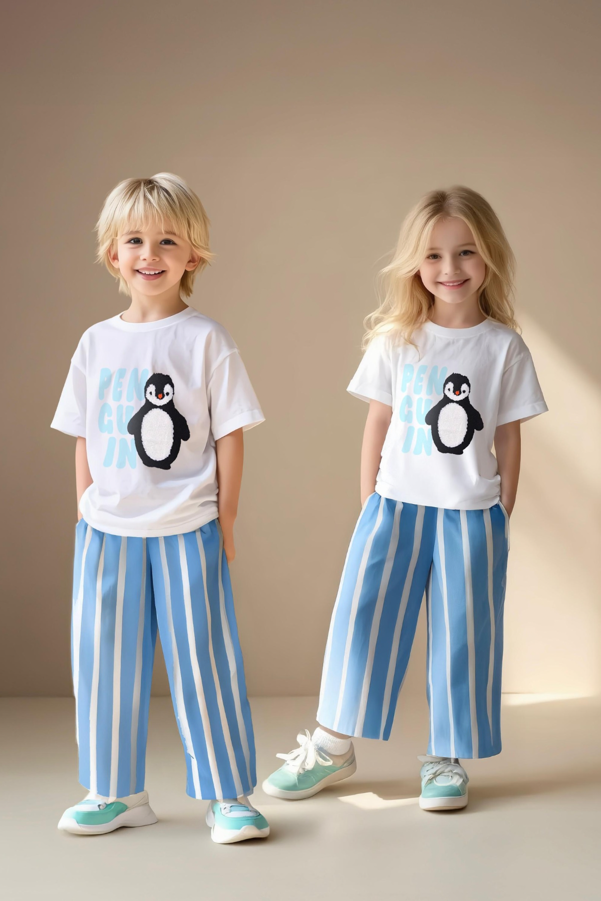 Unisex Penguenli Çizgili İkili Takım