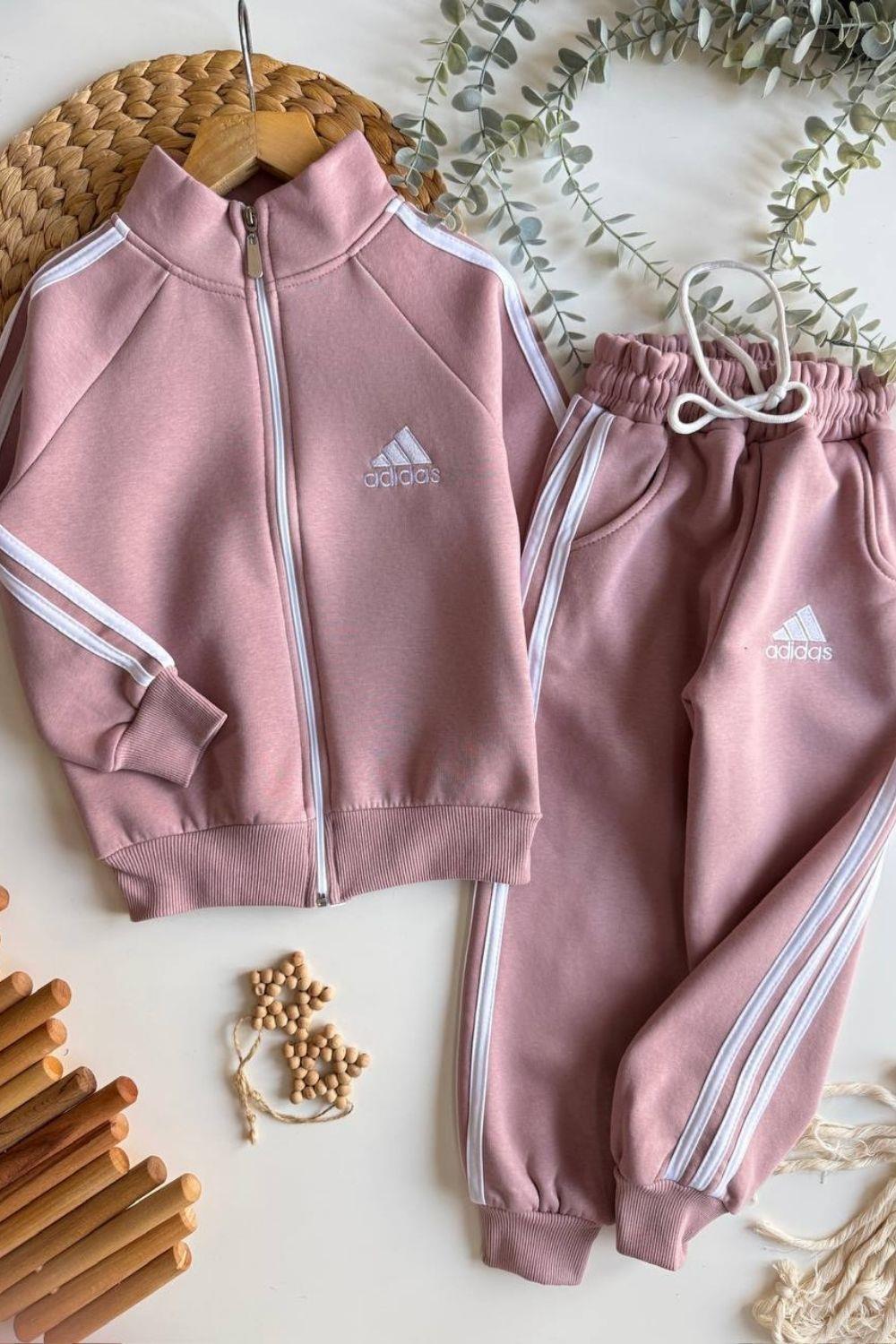 Unisex Şardonlu Fermuarlı Adids Pudra Takım