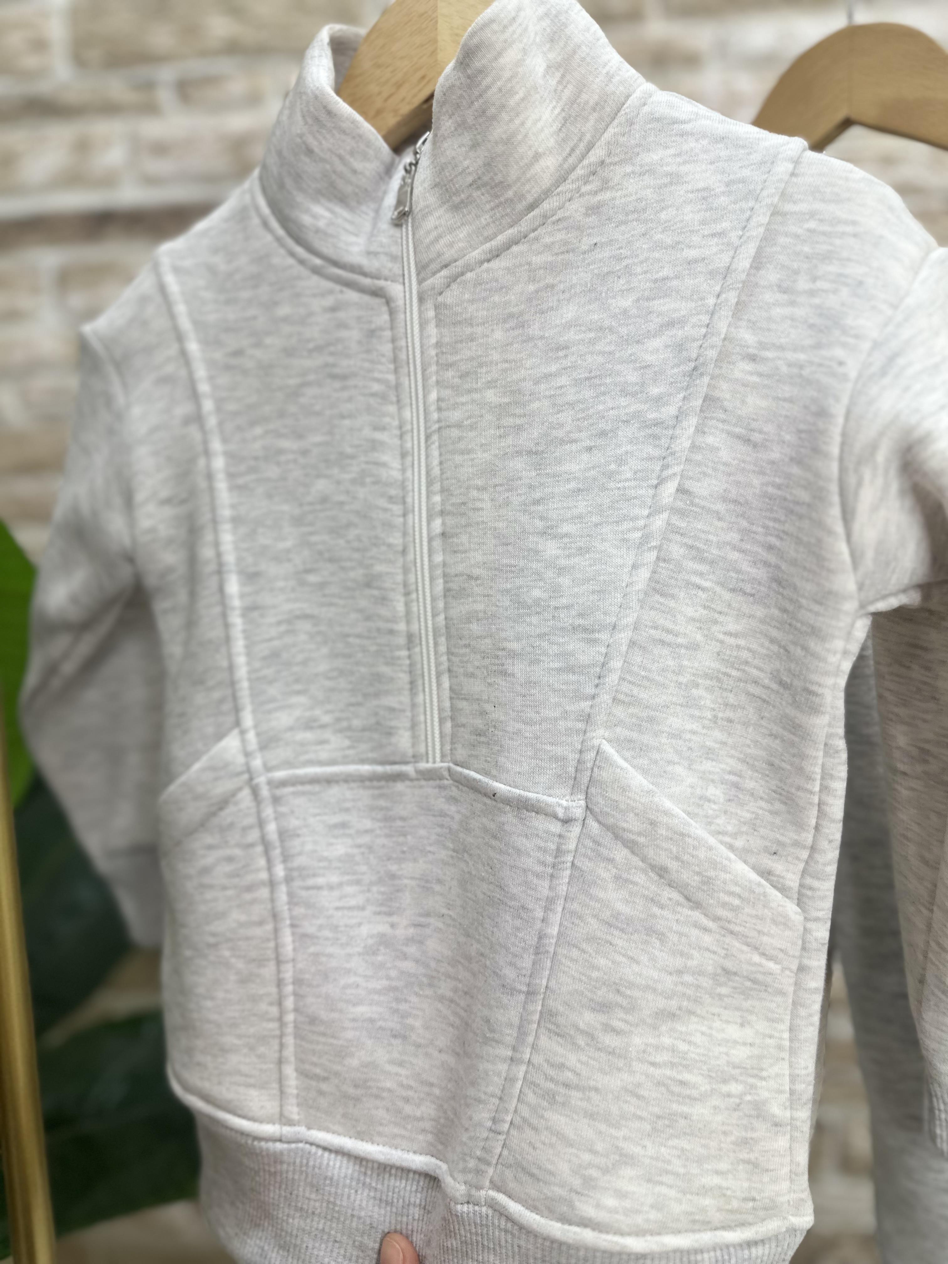 Unisex Şardonlu Fermuarlı Dik Yaka Gri Takım