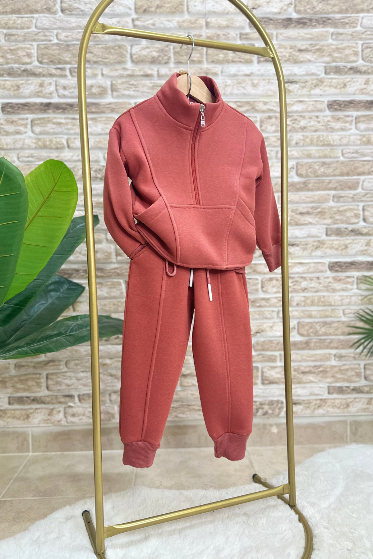Unisex Şardonlu Fermuarlı Dik Yaka Kiremit Takım