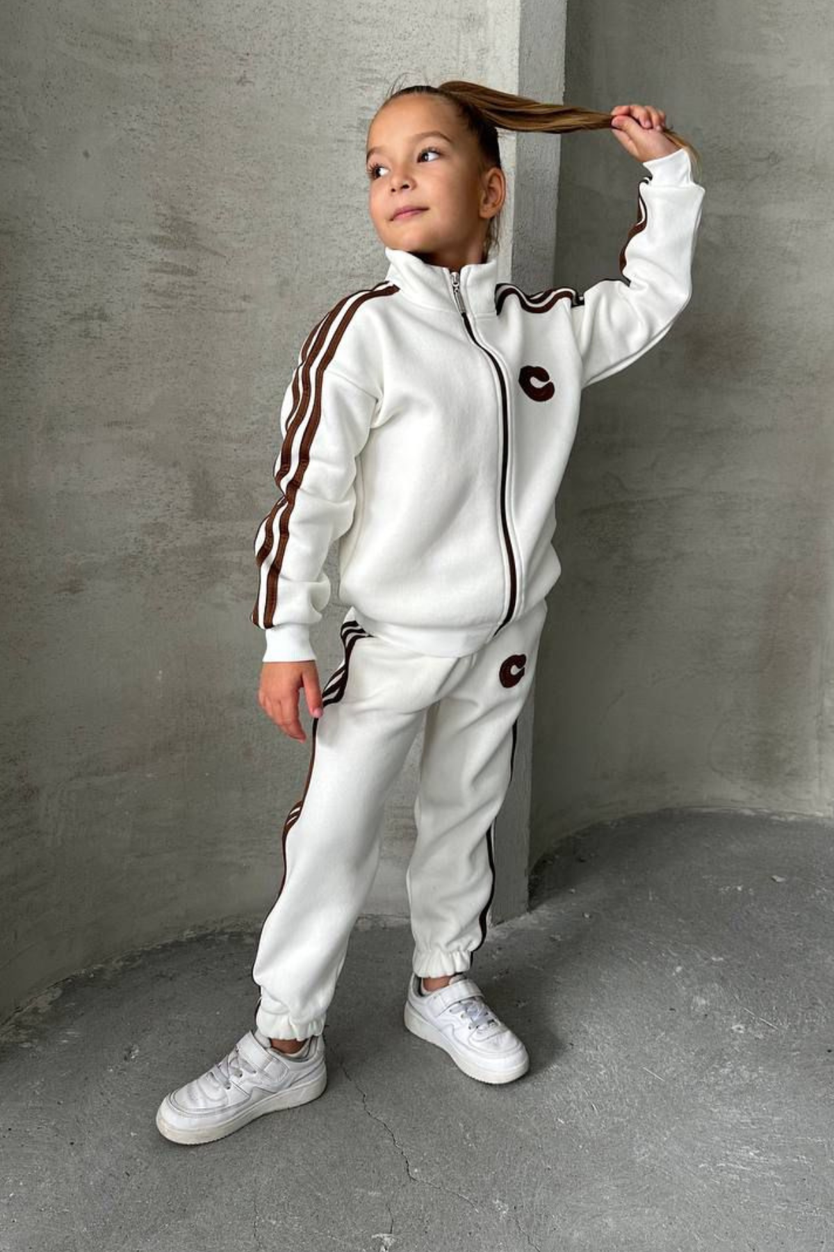 Unisex Şardonlu Fermuarlı Kahve Şeritli Takım