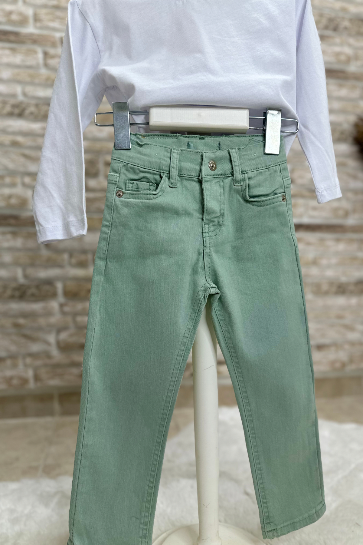 Unisex Çocuk Su Yeşili Jean Pantolon
