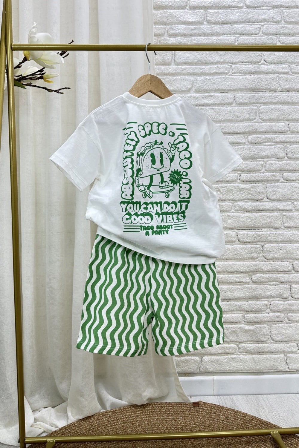 Unisex Taco Baskılı Yeşil Şortlu Takım