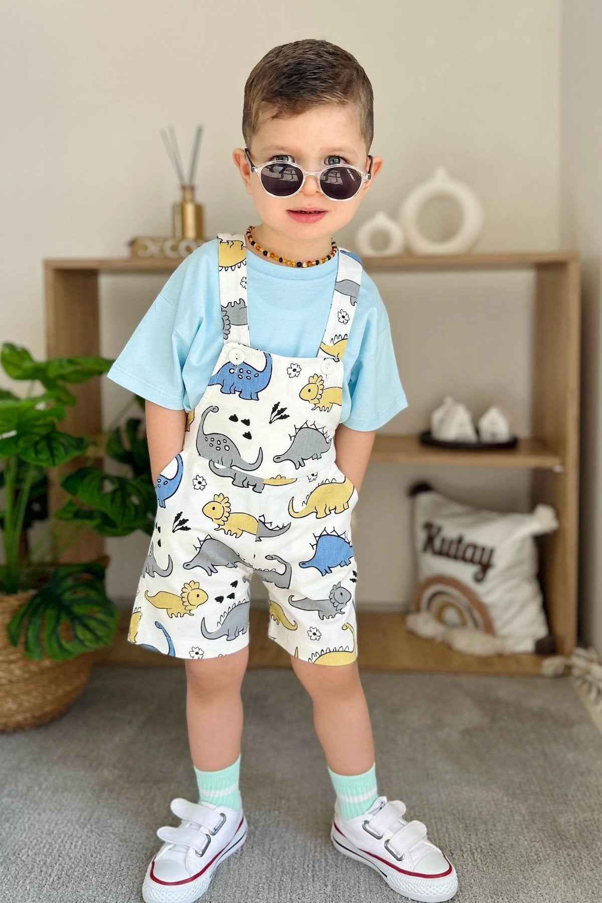 Erkek Çocuk Tshirt Dahil Denim Mavi Şortlu Salopet