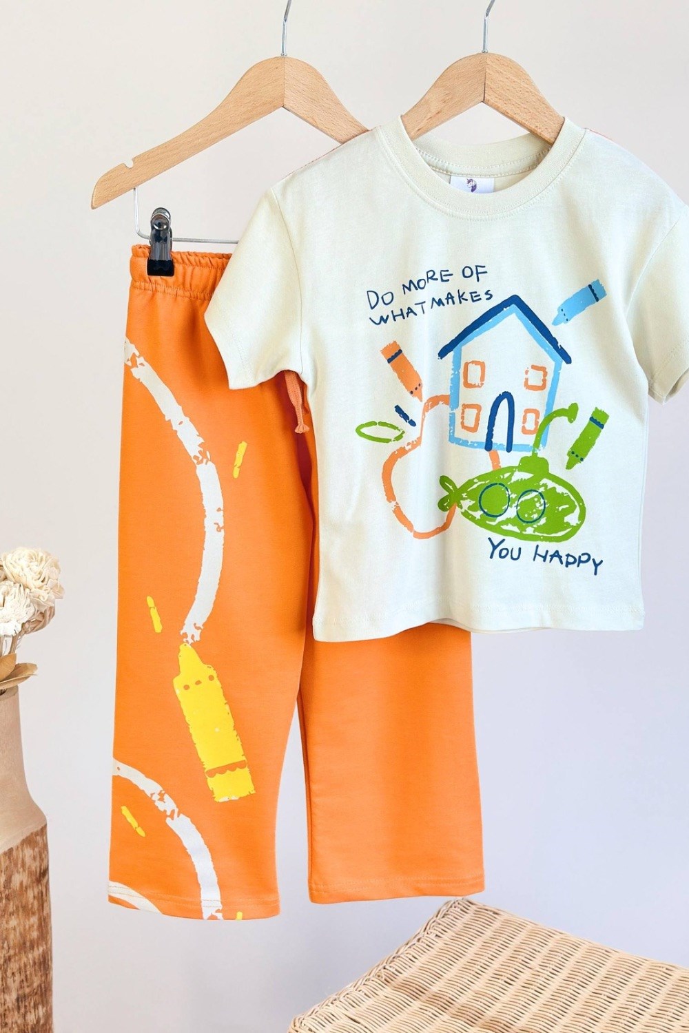 Unisex Tshirtlü Çizimli Oranj İkili Takım