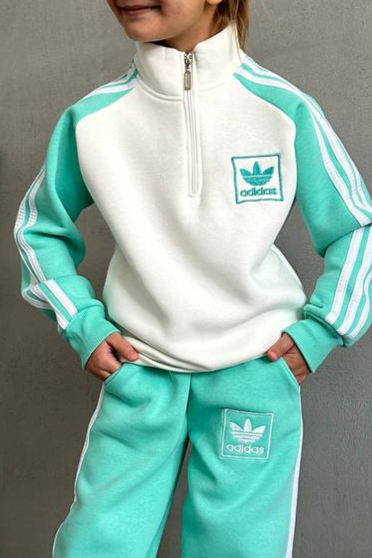 Unisex Turkuaz Adids Dik Yaka Fermuarlı Takım