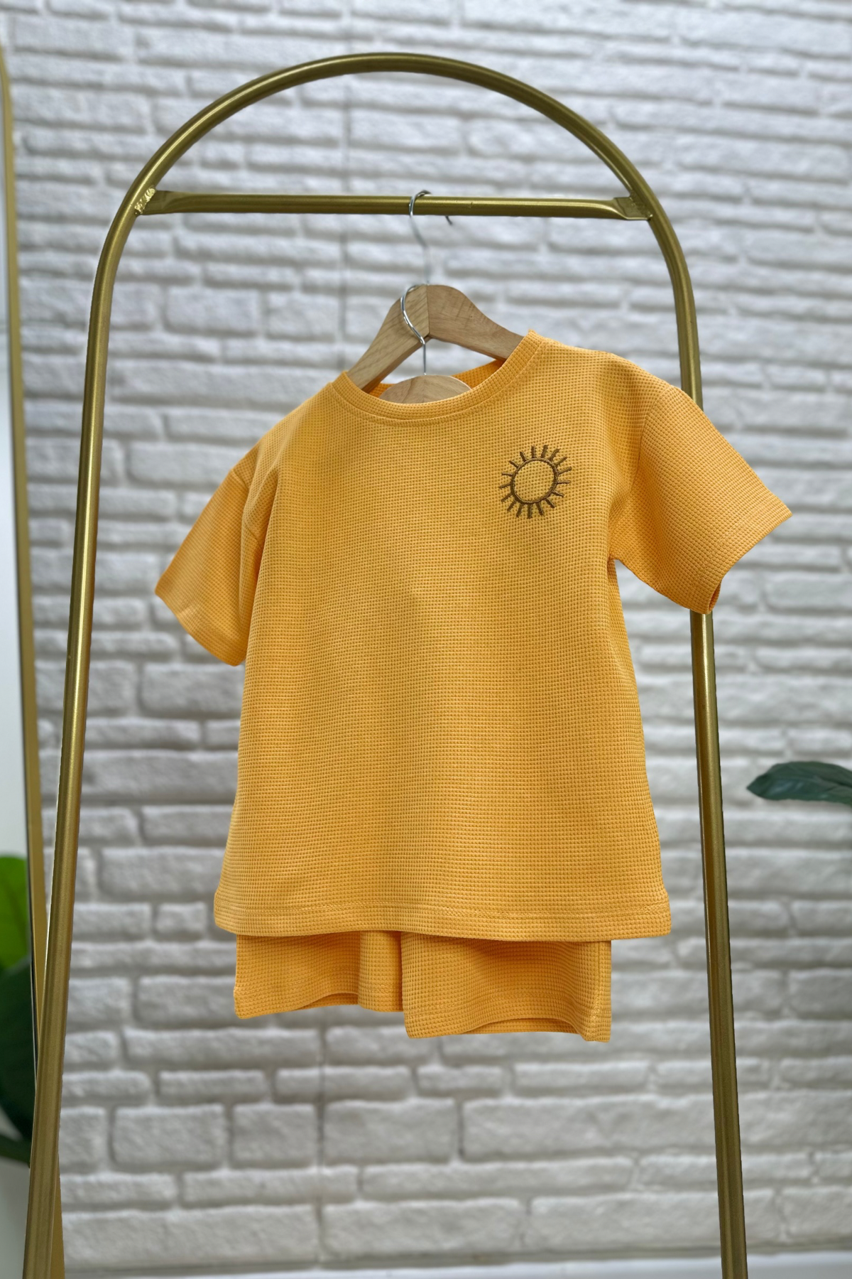 Unisex Waffle Kumaş Hardal Şortlu Yaz Takım