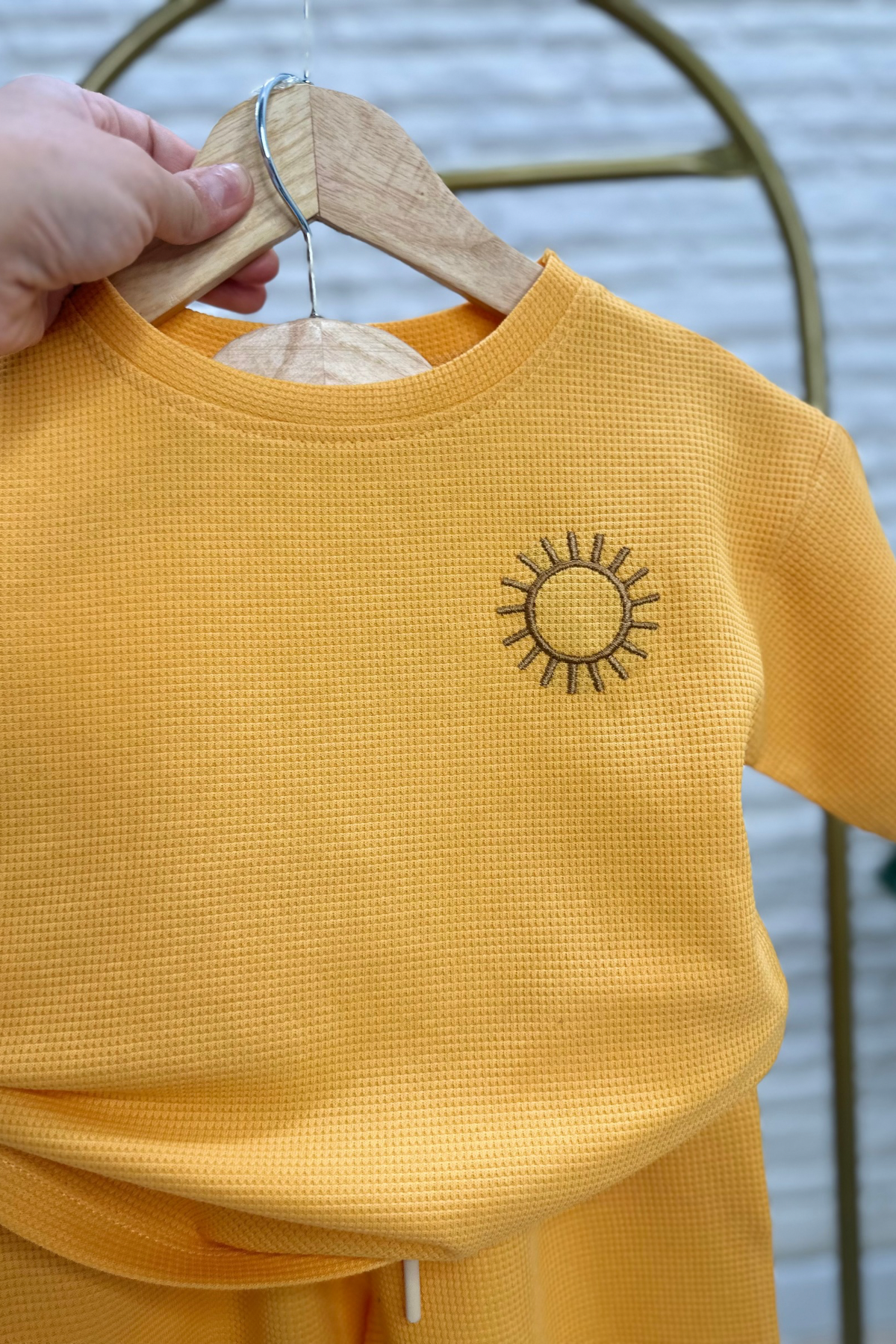 Unisex Waffle Kumaş Hardal Şortlu Yaz Takım