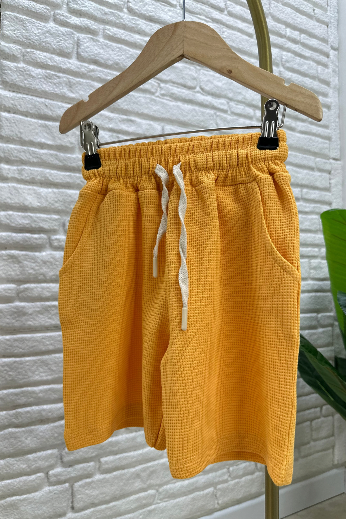Unisex Waffle Kumaş Hardal Şortlu Yaz Takım
