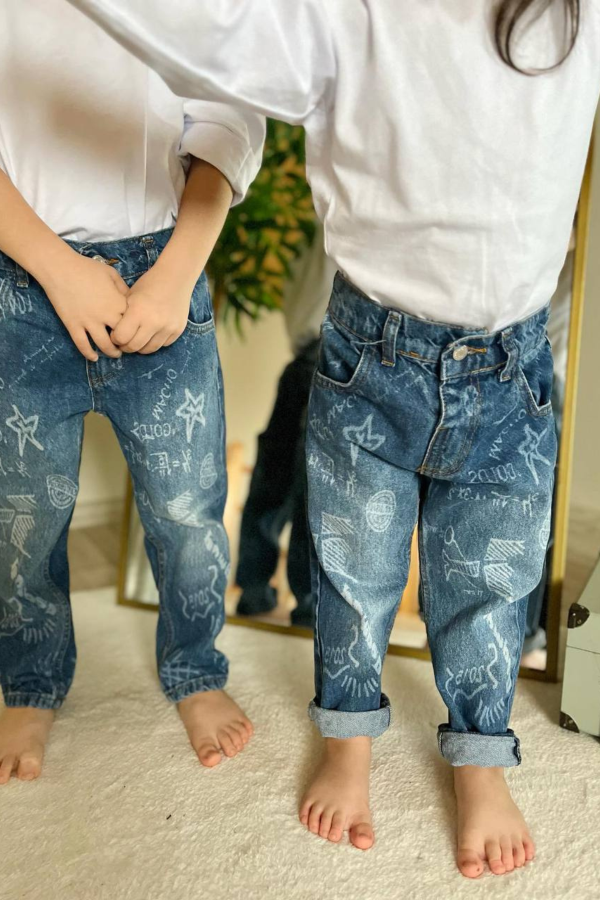 Unisex Çocuk Yazılı Mavi Jean Pantolon