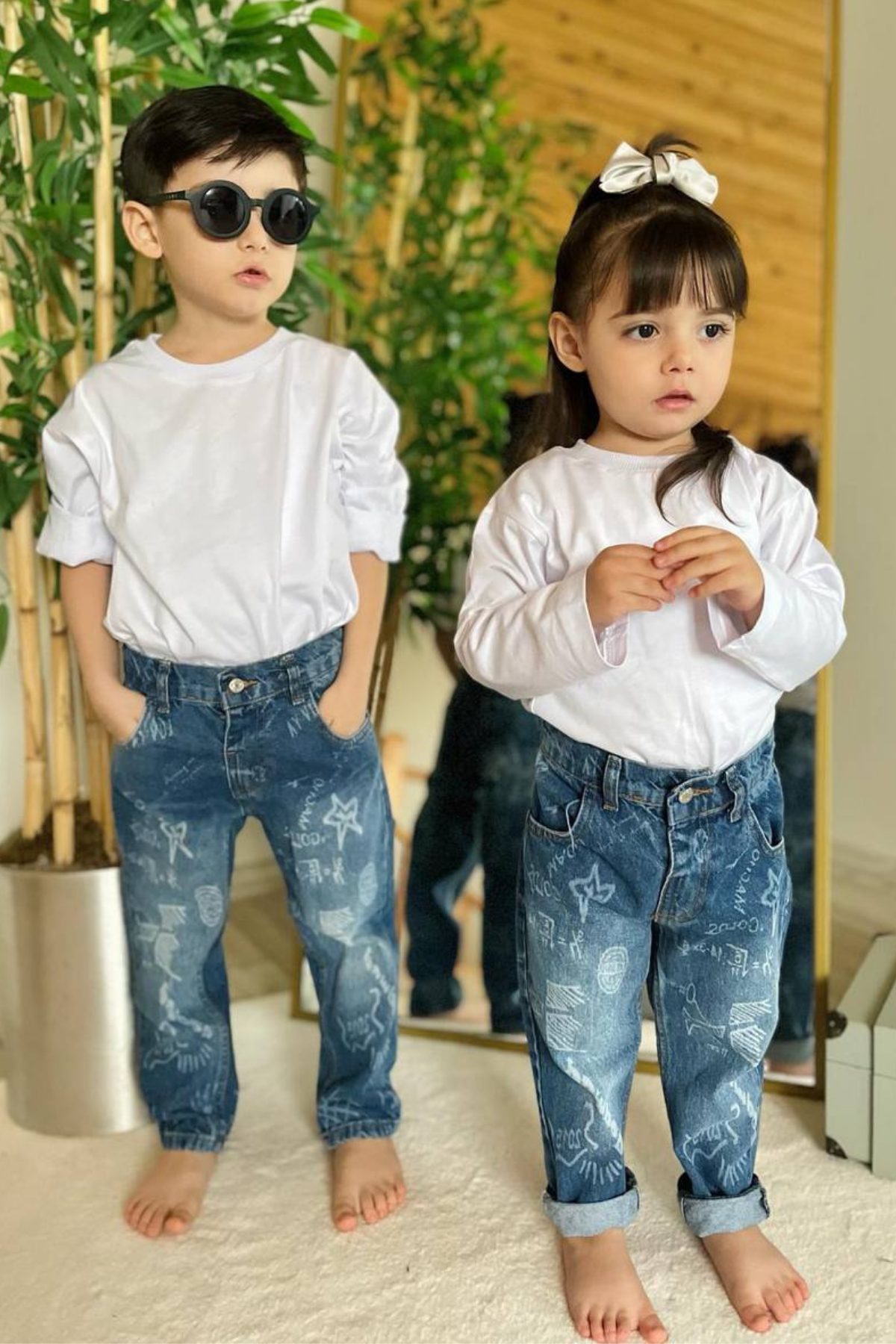 Unisex Çocuk Yazılı Mavi Jean Pantolon