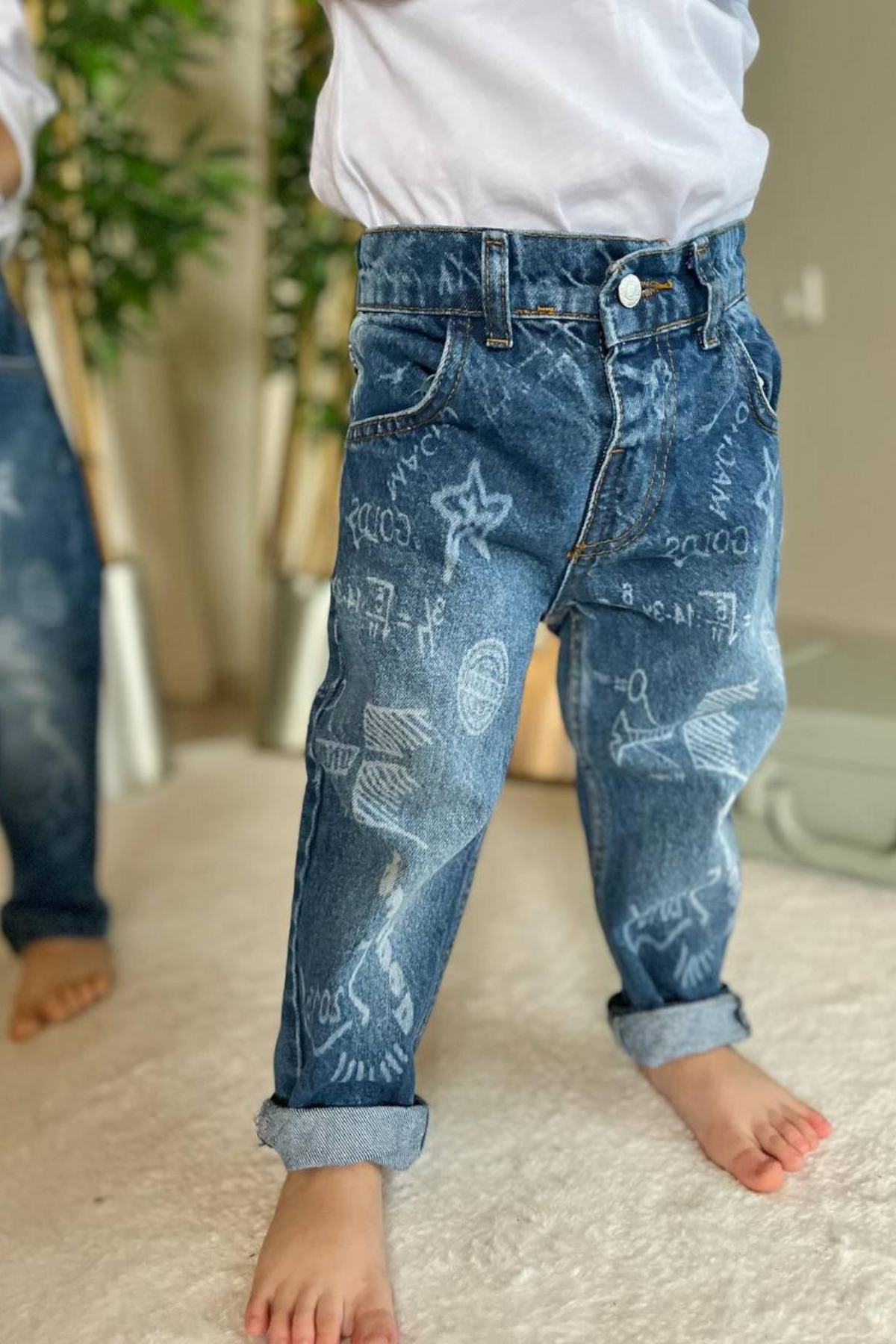 Unisex Çocuk Yazılı Mavi Jean Pantolon