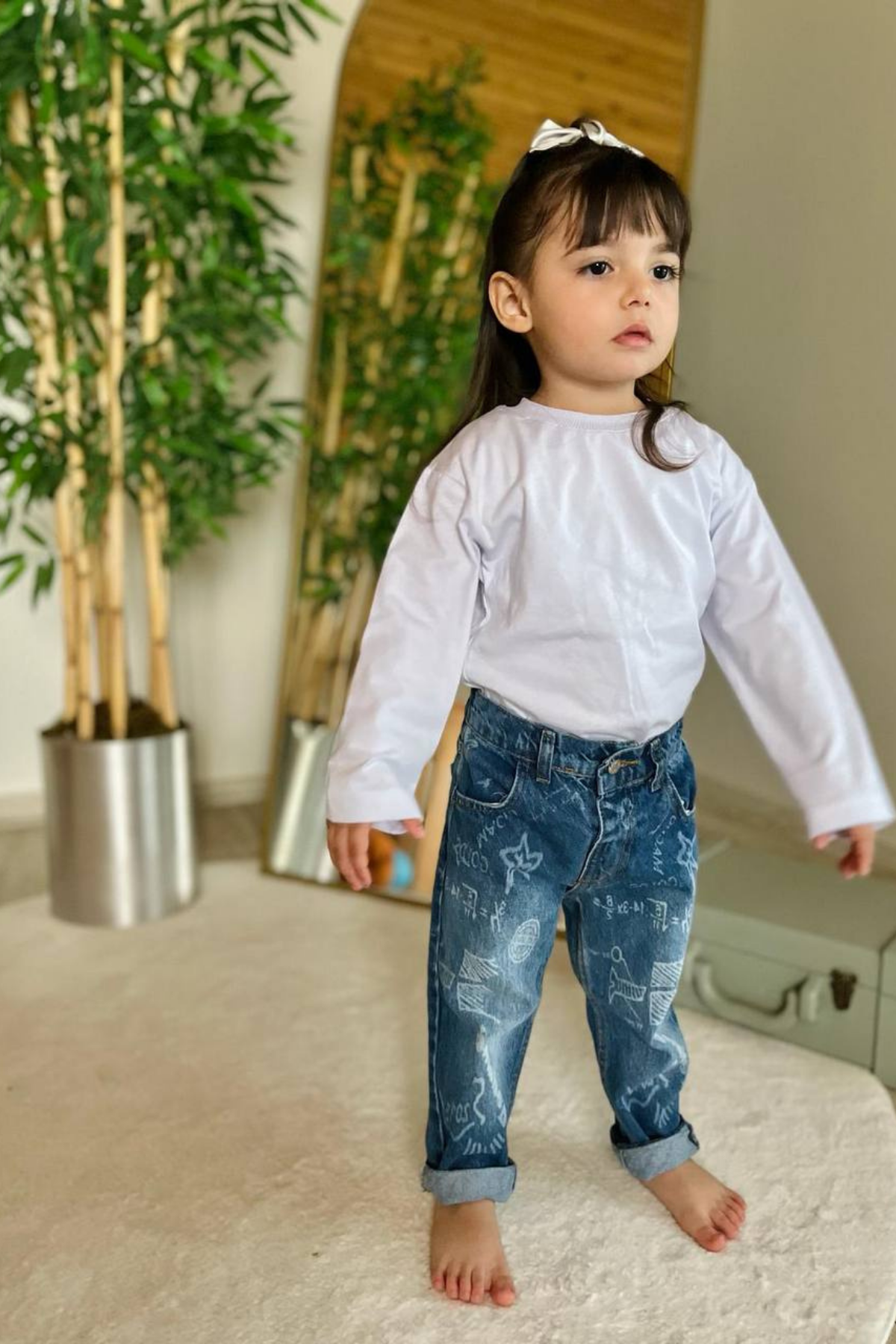 Unisex Çocuk Yazılı Mavi Jean Pantolon