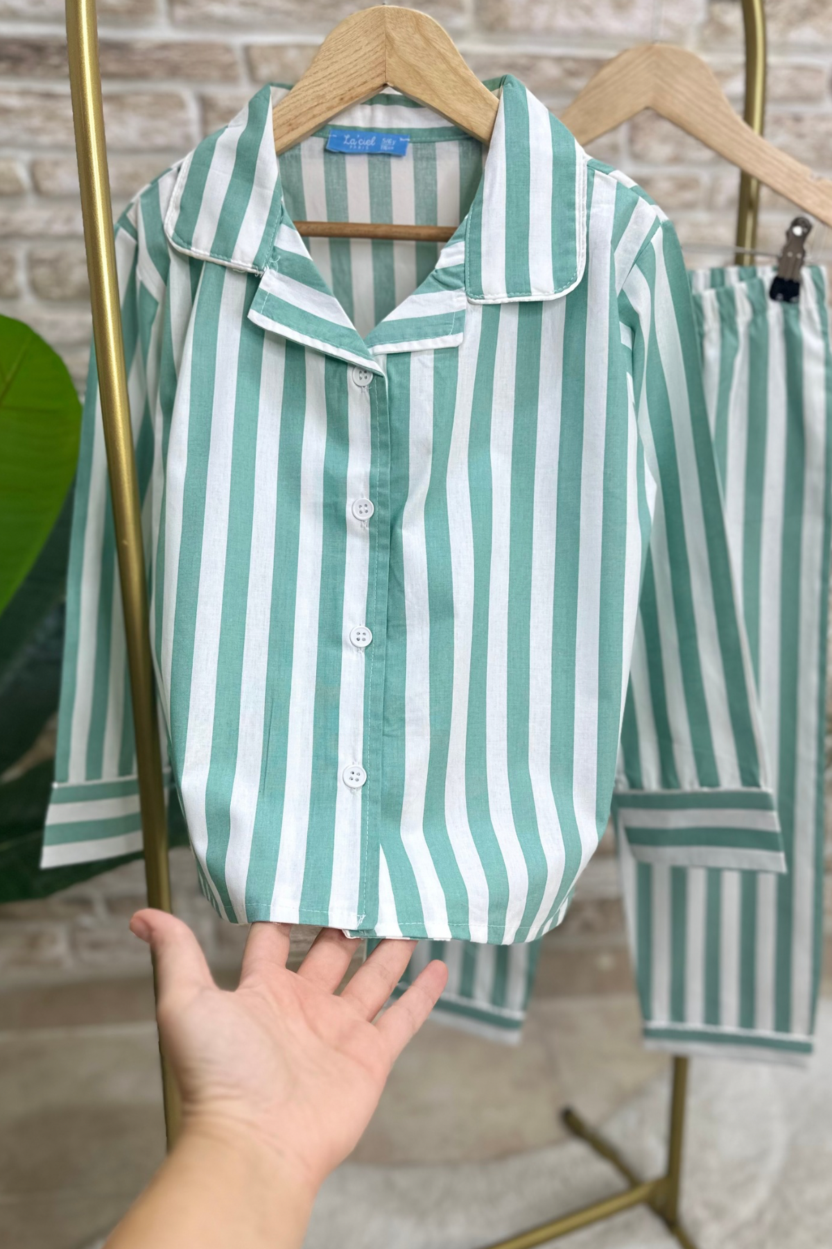 Unisex Yeşil Çizgili Çantalı Pijama Takım