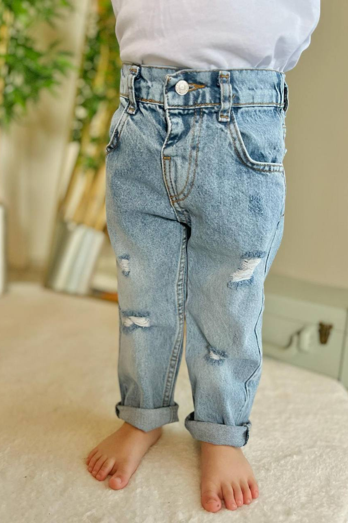 Unisex Yırtık Buz Mavi Jean Pantolon