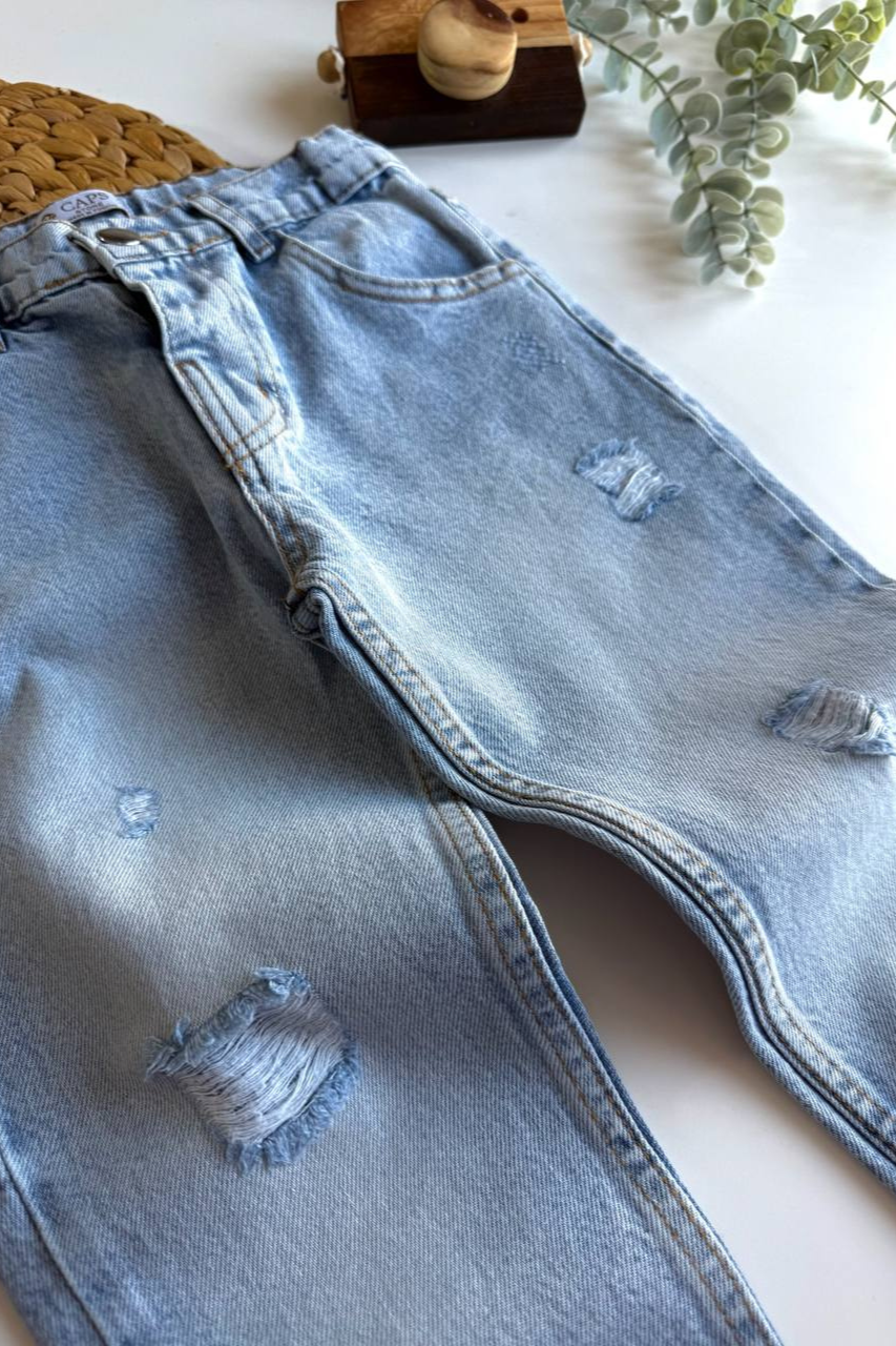 Unisex Yırtık Detaylı Buz Mavi Jean Pantolon