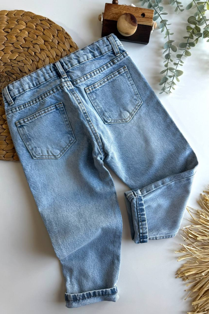 Unisex Yırtık Detaylı Buz Mavi Jean Pantolon