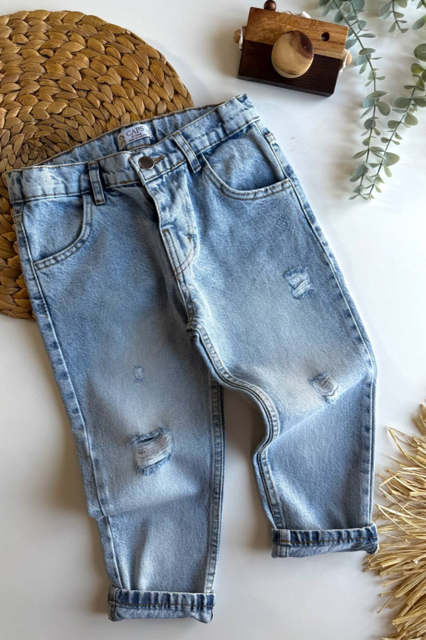 Unisex Yırtık Detaylı Buz Mavi Jean Pantolon