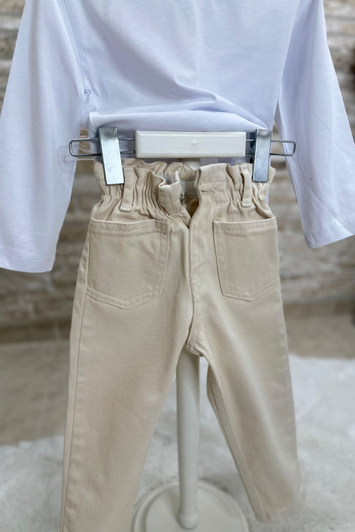 Unisex Yüksek Bel Bej Jean Pantolon