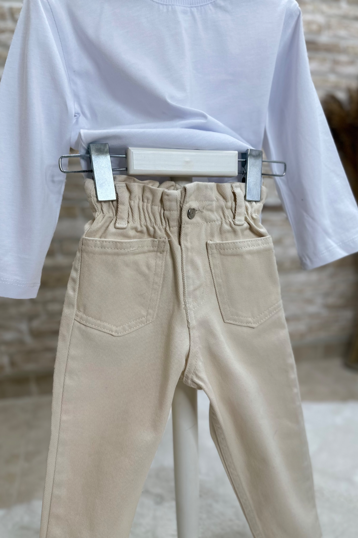 Unisex Yüksek Bel Bej Jean Pantolon