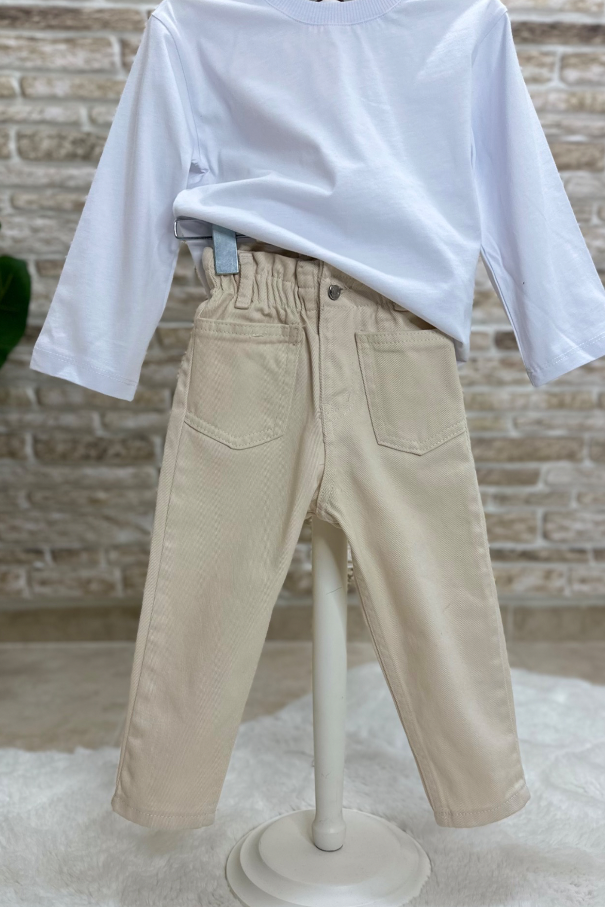 Unisex Yüksek Bel Bej Jean Pantolon