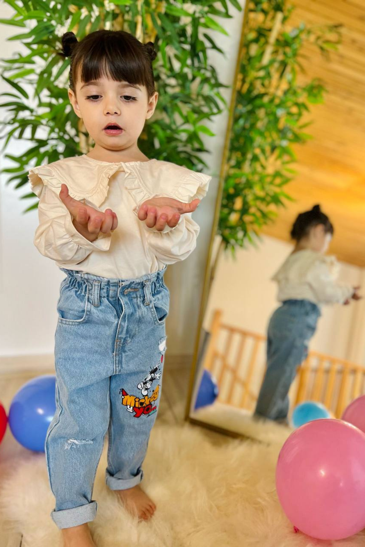 Unisex Yüksek Bel Mickey Yo Jean Pantolon