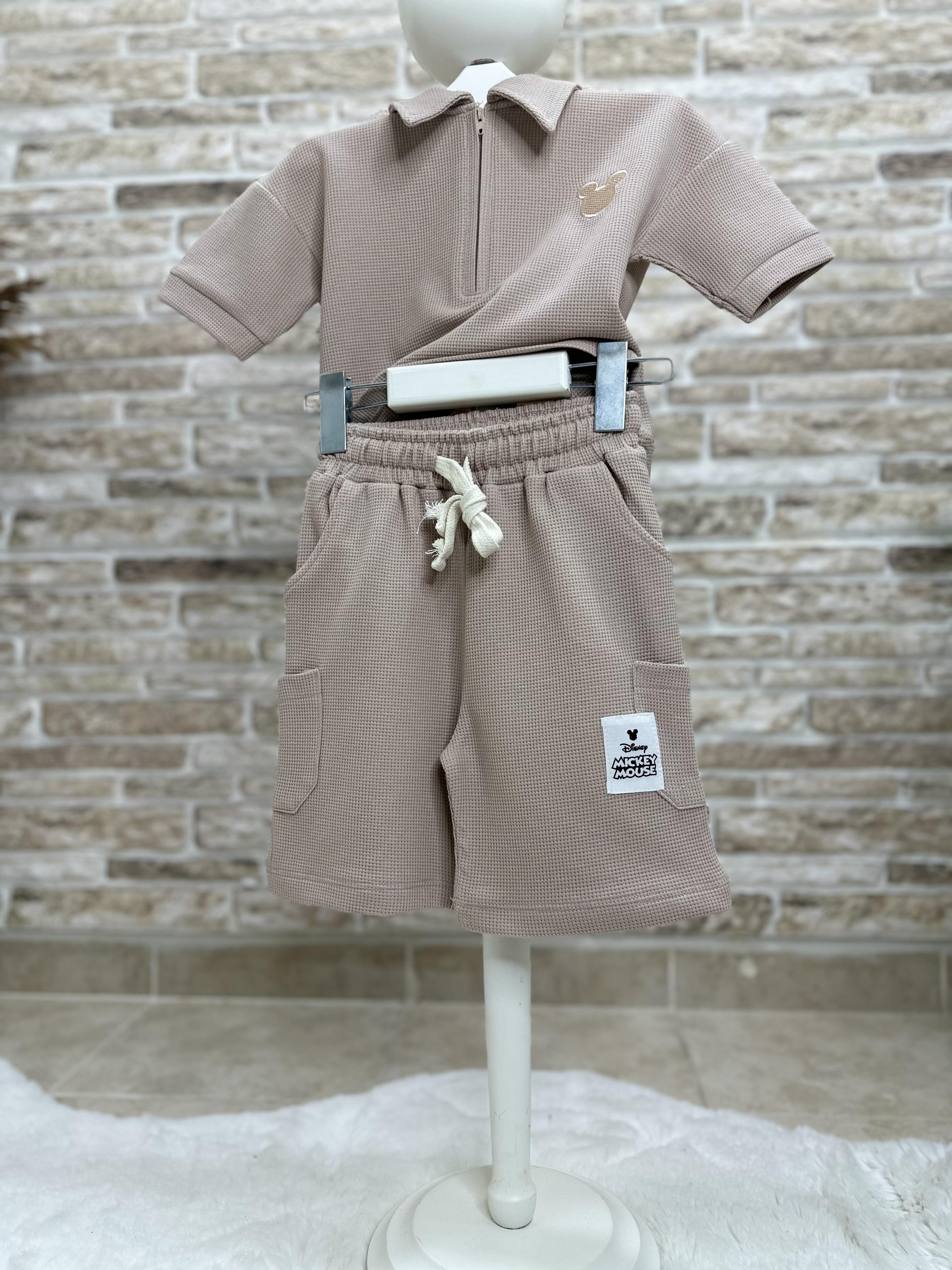 Waffle Kumaş Mickey Kum Beji Fermuarlı Şort Takım