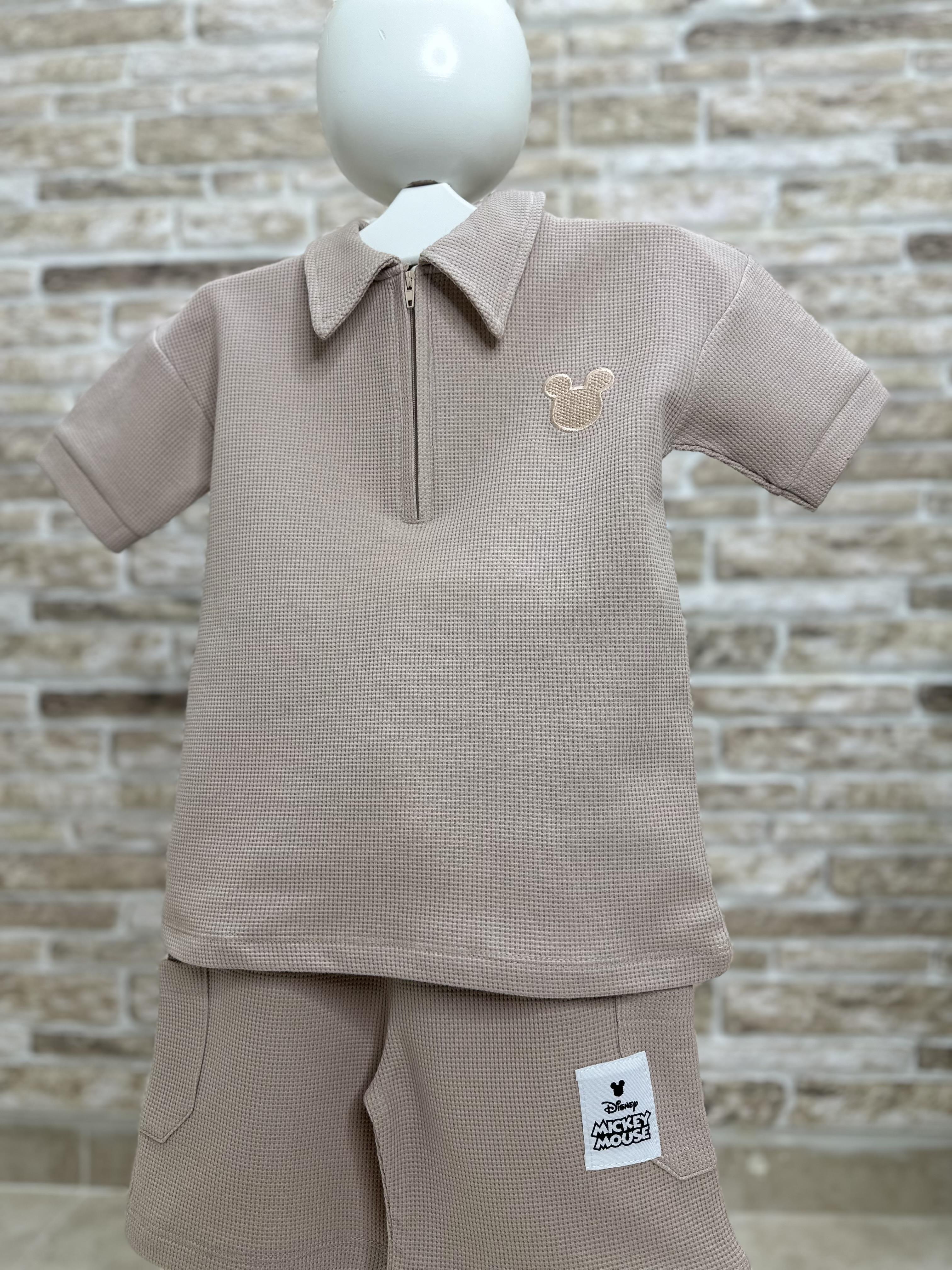 Waffle Kumaş Mickey Kum Beji Fermuarlı Şort Takım