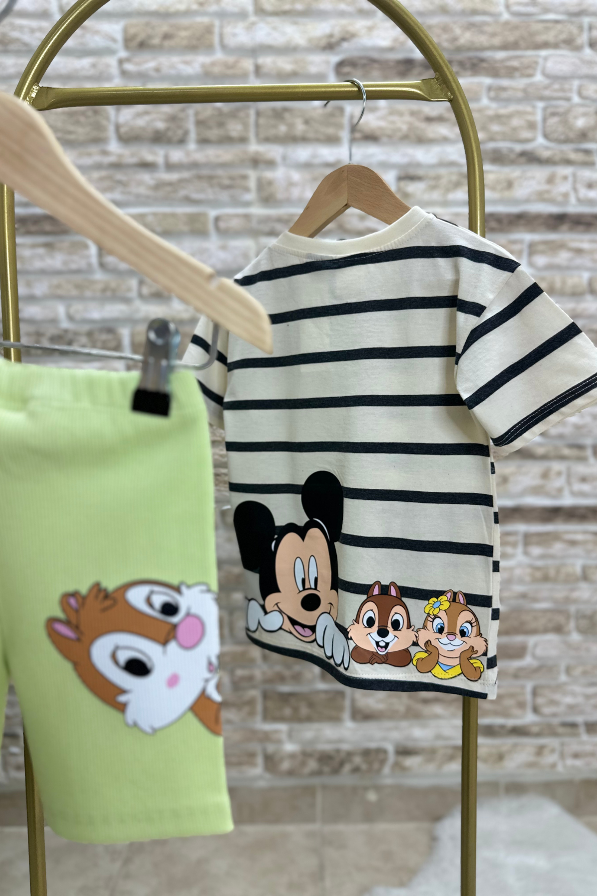 Yeşilli Minnie Fitilli Biker Tayt Takım