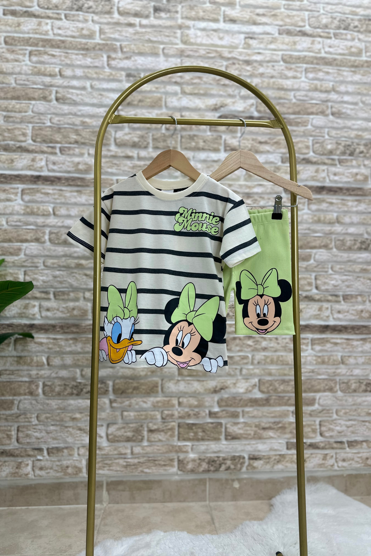 Yeşilli Minnie Fitilli Biker Tayt Takım